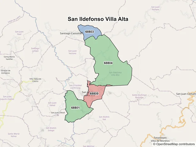 Mapa de códigos postales de San Ildefonso Villa Alta, Oaxaca