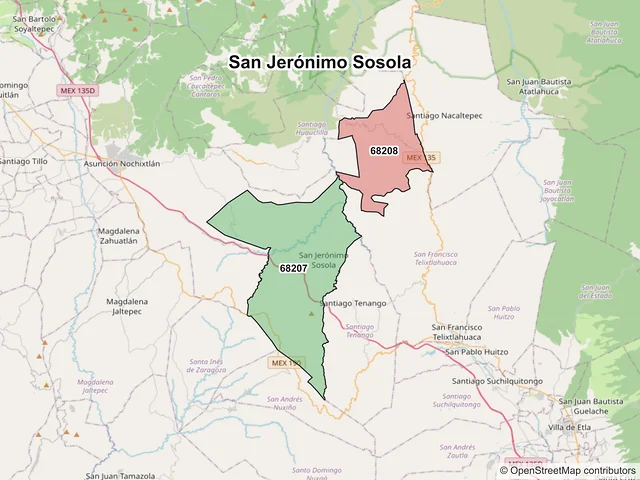 Mapa de códigos postales de San Jerónimo Sosola, Oaxaca