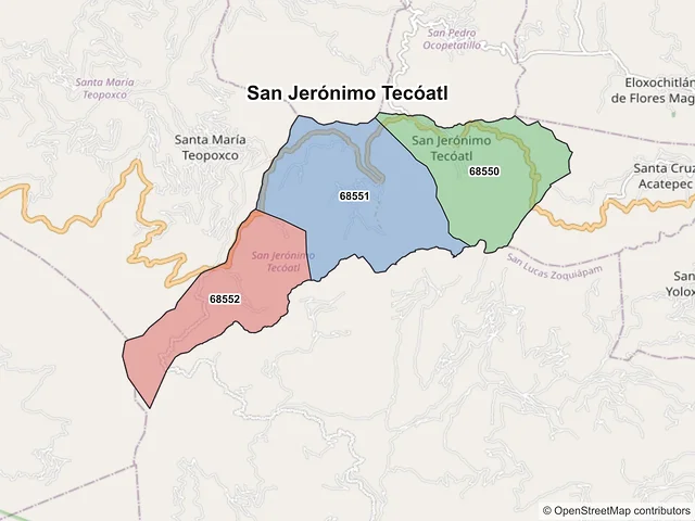 Mapa de códigos postales de San Jerónimo Tecóatl, Oaxaca