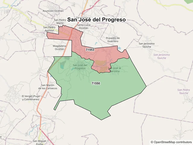 Mapa de códigos postales de San José del Progreso, Oaxaca