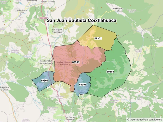 Mapa de códigos postales de San Juan Bautista Coixtlahuaca, Oaxaca