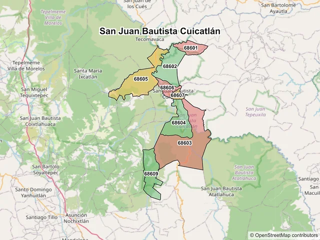 Mapa de códigos postales de San Juan Bautista Cuicatlán, Oaxaca