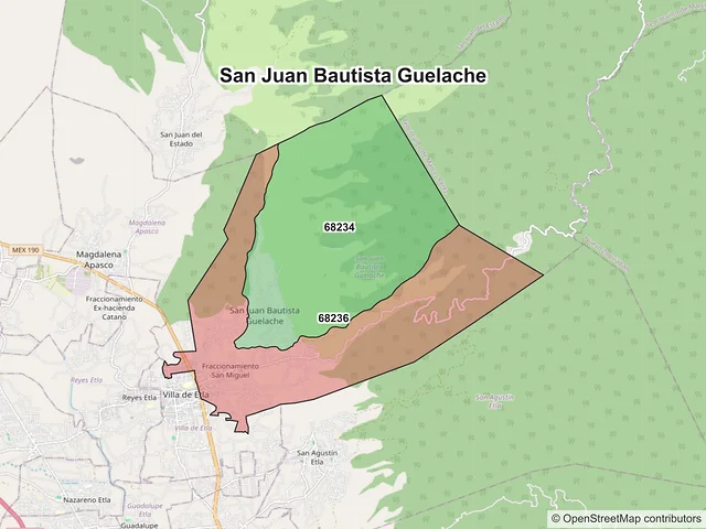 Mapa de códigos postales de San Juan Bautista Guelache, Oaxaca