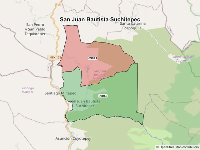 Mapa de códigos postales de San Juan Bautista Suchitepec, Oaxaca