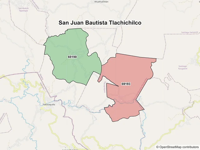 Mapa de códigos postales de San Juan Bautista Tlachichilco, Oaxaca