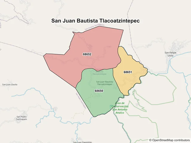 Mapa de códigos postales de San Juan Bautista Tlacoatzintepec, Oaxaca