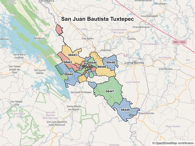 Mapa de códigos postales de San Juan Bautista Tuxtepec, Oaxaca