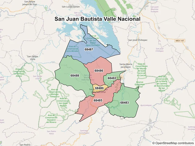 Mapa de códigos postales de San Juan Bautista Valle Nacional, Oaxaca