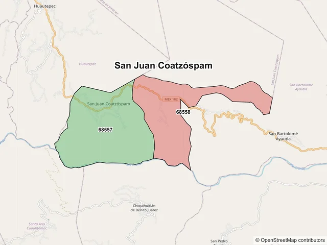 Mapa de códigos postales de San Juan Coatzóspam, Oaxaca