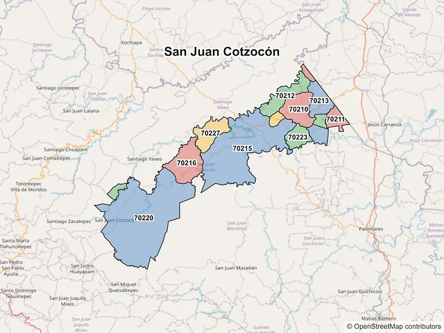 Mapa de códigos postales de San Juan Cotzocón, Oaxaca