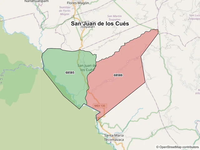 Mapa de códigos postales de San Juan de los Cués, Oaxaca