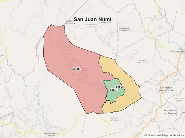Mapa de códigos postales de San Juan Ñumí, Oaxaca