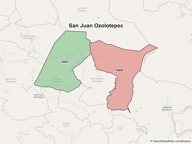 Mapa de códigos postales de San Juan Ozolotepec, Oaxaca