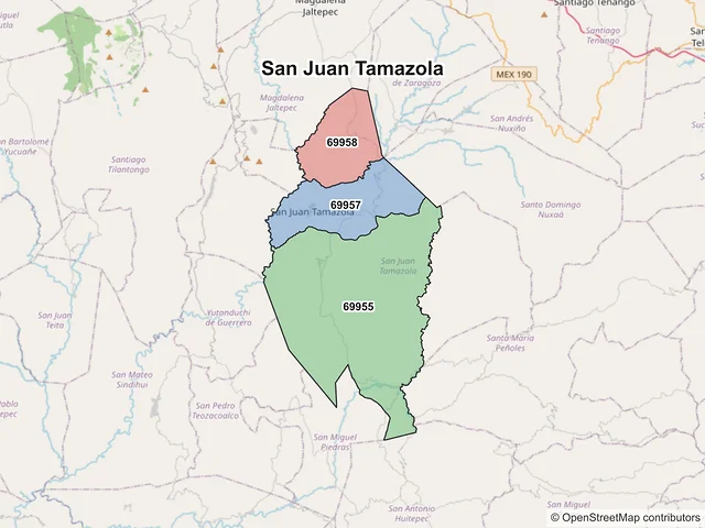 Mapa de códigos postales de San Juan Tamazola, Oaxaca