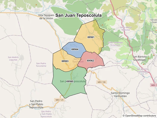 Mapa de códigos postales de San Juan Teposcolula, Oaxaca