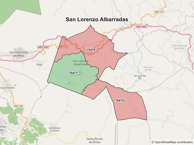 Mapa de códigos postales de San Lorenzo Albarradas, Oaxaca