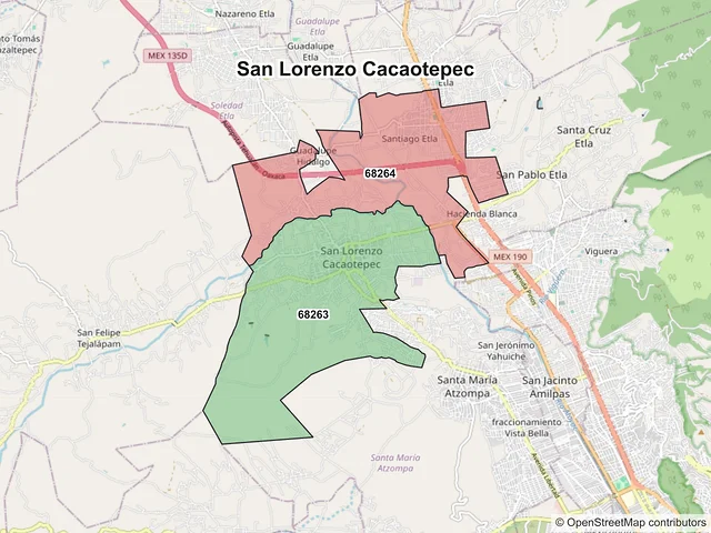 Mapa de códigos postales de San Lorenzo Cacaotepec, Oaxaca