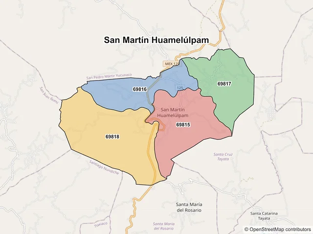 Mapa de códigos postales de San Martín Huamelúlpam, Oaxaca