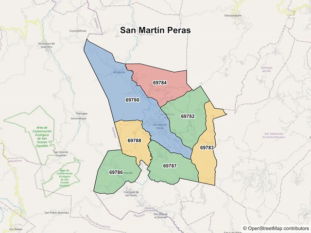 Mapa de códigos postales de San Martín Peras, Oaxaca