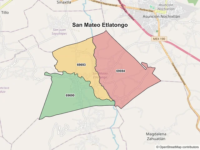 Mapa de códigos postales de San Mateo Etlatongo, Oaxaca
