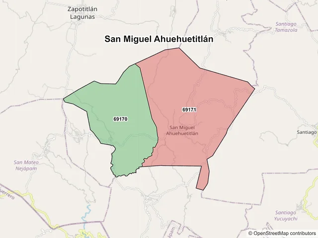 Mapa de códigos postales de San Miguel Ahuehuetitlán, Oaxaca