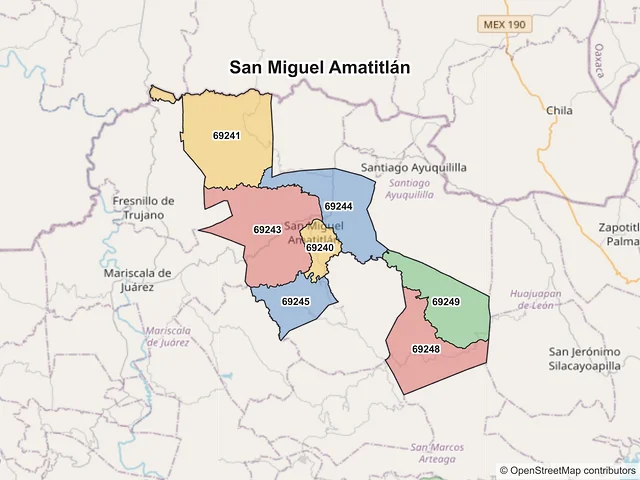 Mapa de códigos postales de San Miguel Amatitlán, Oaxaca