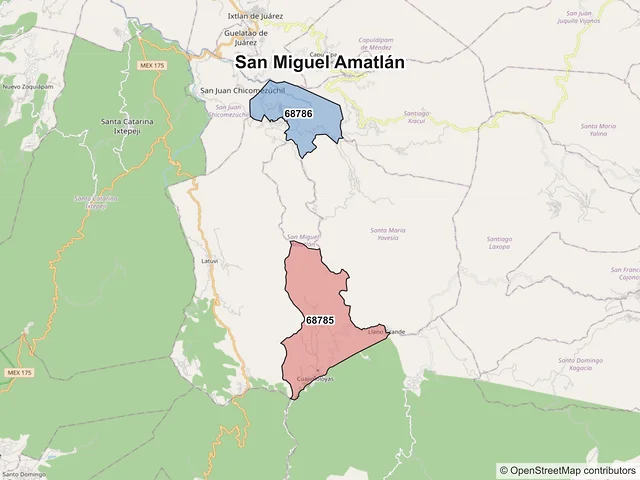 Mapa de códigos postales de San Miguel Amatlán, Oaxaca