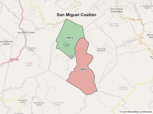 Mapa de códigos postales de San Miguel Coatlán, Oaxaca