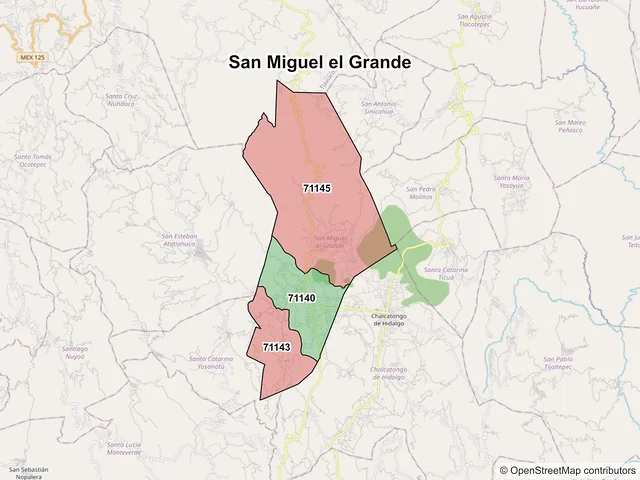 Mapa de códigos postales de San Miguel el Grande, Oaxaca