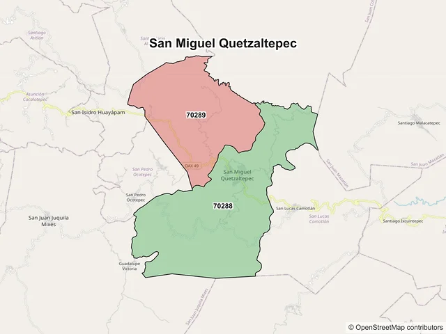 Mapa de códigos postales de San Miguel Quetzaltepec, Oaxaca