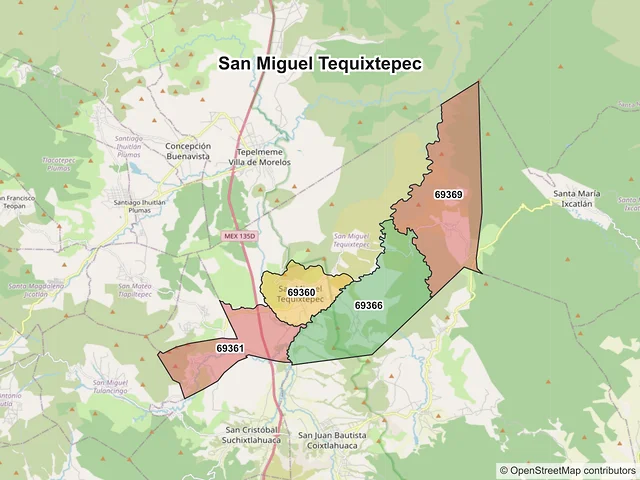 Mapa de códigos postales de San Miguel Tequixtepec, Oaxaca