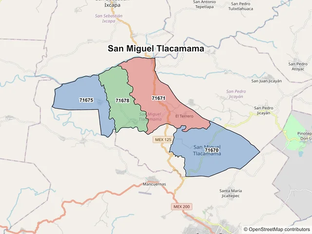 Mapa de códigos postales de San Miguel Tlacamama, Oaxaca