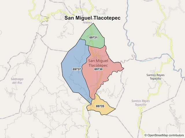 Mapa de códigos postales de San Miguel Tlacotepec, Oaxaca