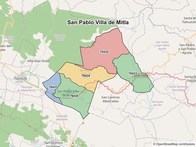 Mapa de códigos postales de San Pablo Villa de Mitla, Oaxaca