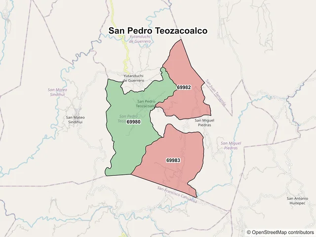 Mapa de códigos postales de San Pedro Teozacoalco, Oaxaca