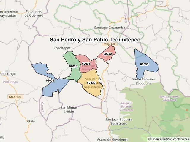 Mapa de códigos postales de San Pedro y San Pablo Tequixtepec, Oaxaca