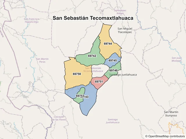 Mapa de códigos postales de San Sebastián Tecomaxtlahuaca, Oaxaca