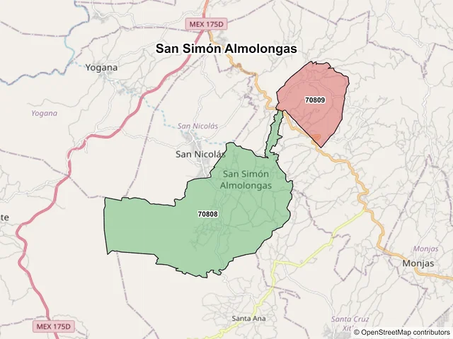Mapa de códigos postales de San Simón Almolongas, Oaxaca