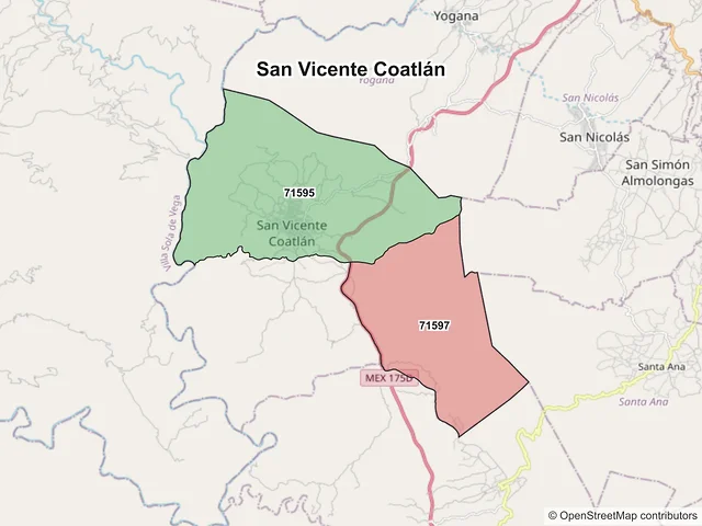 Mapa de códigos postales de San Vicente Coatlán, Oaxaca