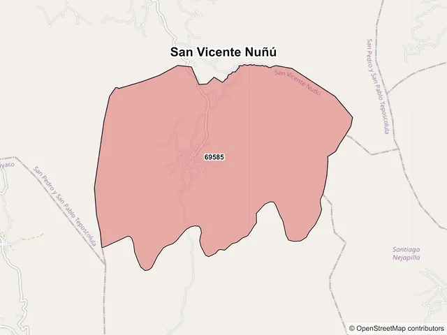 Mapa de códigos postales de San Vicente Nuñú, Oaxaca