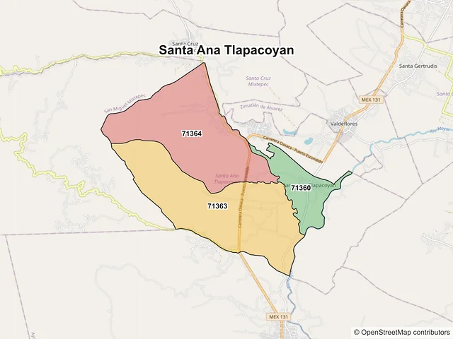 Mapa de códigos postales de Santa Ana Tlapacoyan, Oaxaca