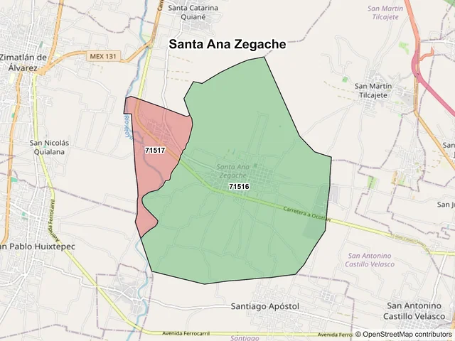 Mapa de códigos postales de Santa Ana Zegache, Oaxaca