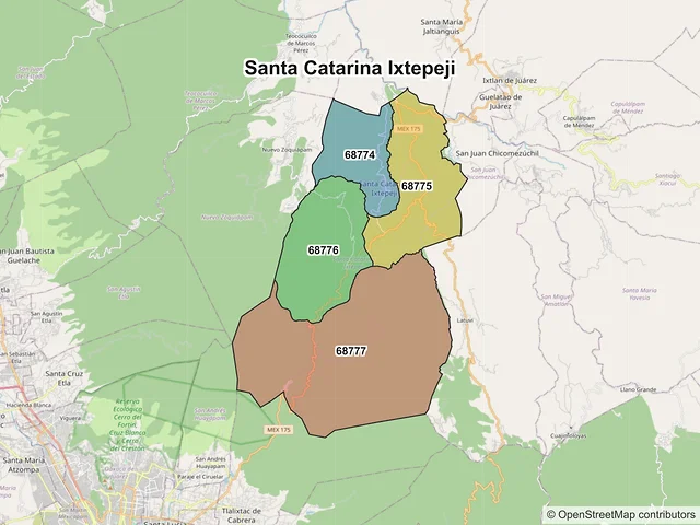 Mapa de códigos postales de Santa Catarina Ixtepeji, Oaxaca