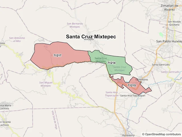 Mapa de códigos postales de Santa Cruz Mixtepec, Oaxaca