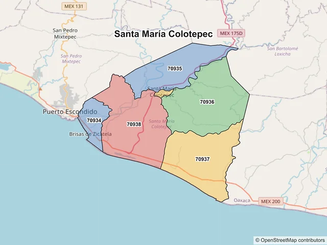 Mapa de códigos postales de Santa María Colotepec, Oaxaca