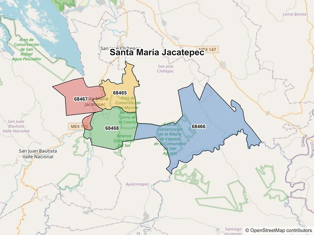 Mapa de códigos postales de Santa María Jacatepec, Oaxaca