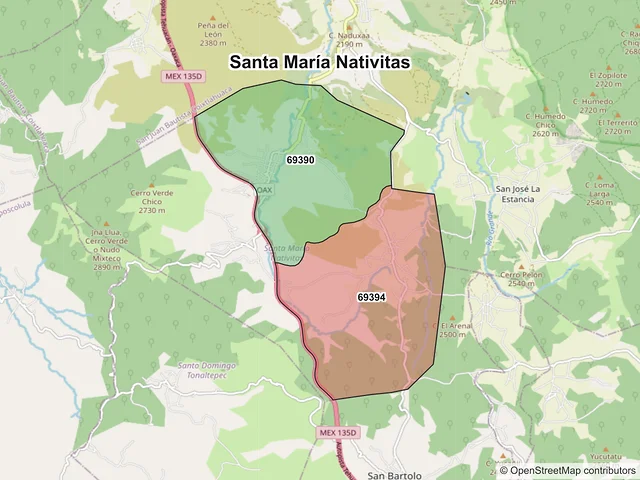 Mapa de códigos postales de Santa María Nativitas, Oaxaca