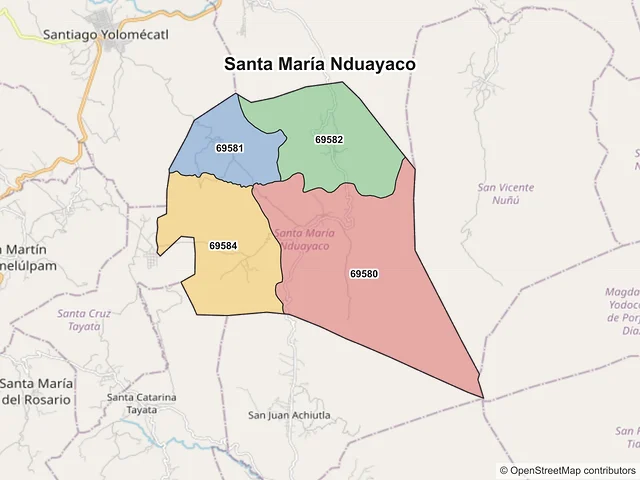 Mapa de códigos postales de Santa María Nduayaco, Oaxaca