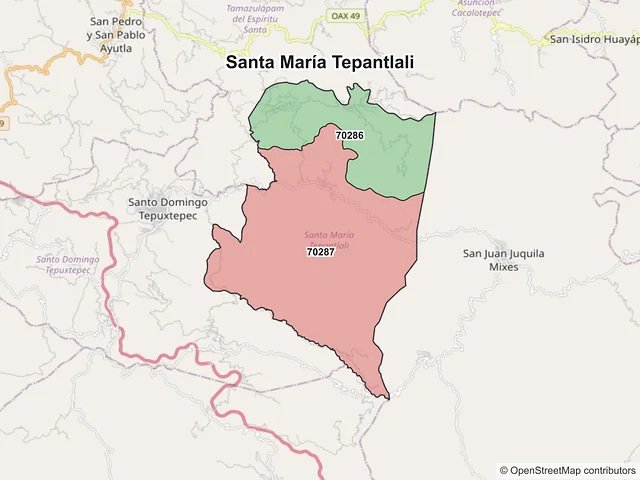 Mapa de códigos postales de Santa María Tepantlali, Oaxaca