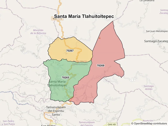 Mapa de códigos postales de Santa María Tlahuitoltepec, Oaxaca